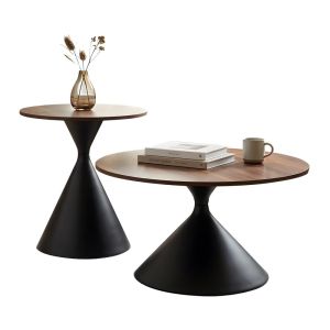 Juego de Mesa De Centro 2 Piezas Mesa Estilo Madera Nuez Base Negro